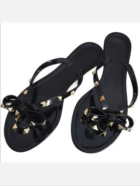 Women's Black Studded Bow Jelly Thong Sandals, Size 8* ~ VGUC
